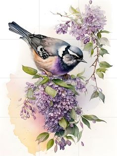 a painting of a bird sitting on top of a branch with purple flowers and leaves