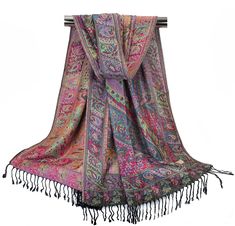 "Soft and silky vintage style pashmina scarves for women Multicolored festival shawls in shades of black, pink, green and many other colors.  These light weight scarves feature a divine composition beautifully adorned with delicate floral and paisley motifs in contrasting pink, purple, green and other colors. The meticulously vintage prints in vibrant hues give these fancy scarves an elegant feel making them equally good for formal as well as casual use. These beautiful wraps fall gracefully and are easy to carry. Perfectly sized for wearing around your neck, over your head, as a beach cover-up or as a drape. A perfect gift for any occasion ~~Item details~~ Quantity: 1 rectangular long scarf Material: viscose jacquard Length: approx. 76.5 inches ( 195 cm) Width: approx. 27.5 inches ( 70 cm Style Pashmina, Festival Scarf, Bridal Scarf, Pashmina Scarves, Fancy Scarf, Festival Scarves, Bohemian Scarves, Fancy Wedding, Scarf Material