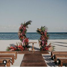 two wooden benches sitting on top of a beach next to the ocean with flowers growing out of them