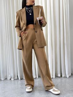 Khaki Elegant Collar Long Sleeve  Plain  Embellished Non-Stretch  Women Clothing Neutral Suits Women, Women In Slacks Outfit, Beige Womens Suit, Women Suits Casual, Women Suits Elegant, Styling Brown Blazer, Suit And Trainers Women, Blazer For Women Casual, Everyday Blazer Outfits