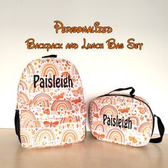 Kids with a rainbow patterned backpack and lunch bag will have a different eye-catching look with the embroidered name on them.  These backpacks would make cute gifts for kids boys or a perfectly sized book bag for school! The outside of our bag is made of cotton and its inner lining is made of polyester.  -Made of 100% Turkish cotton.  It is not from the bags made of poor quality nylon material produced in China sold by different brands !  NOTE   It is in a size that adults can use very comfort Rainbow Standard Backpack For Back To School, Cute Rainbow School Bag, Cute Rainbow School Bags, Playful Rainbow School Bag, Rainbow Bags For School And Back To School, Rainbow Bags For Back To School, Cute Multicolor Lunch Bag For Back To School, Rainbow School Bag For Back To School, Cute Multicolor Lunch Bag For End Of School Year