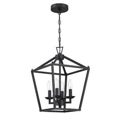 a black chandelier with four candles hanging from the bottom and one light on top