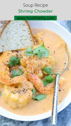 shrimp chowee with bread and parsley on top in a white bowl topped with cilantro