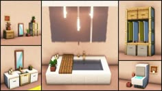 several pictures of different types of furniture and decor in various rooms, including a bathtub