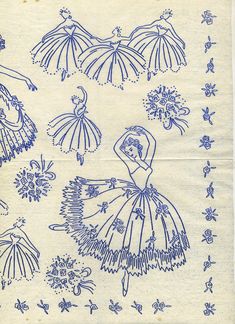 an old blue and white cloth with various designs on it, including two women in dresses