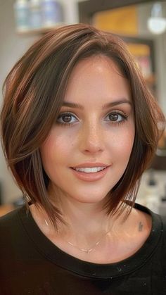 Bob Haircuts For Round Face Shape, A Line Bob Round Face, Shoulder Length Bob Round Face, Brunette Bob Round Face, Bob Hairstyle Round Face, Short Haircuts For Women In 40s, Womens Haircuts Bob, Bob Hairstyles For Fine Hair Round Face, Bobs With Long Bangs