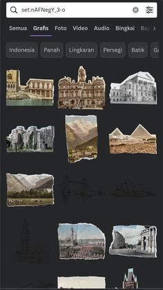 an iphone screen with many different pictures on the phone, including buildings and other things