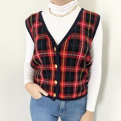 Vintage 90s checkered sweater vest Super on trend! Gorgeous gold buttons. Brand is sag harbor size says medium. No flaws, smoke free home Shoulder to shoulder: 15 Armpit to armpit: 21 Length: 24 90s Sleeveless Vest For Fall, Preppy Buttoned Tops For Fall, Checkered Sweater Vest, 2000s Sweater, Checkered Sweater, Sweater Vest Outfit, Vest Outfit, Sag Harbor, Vest Outfits