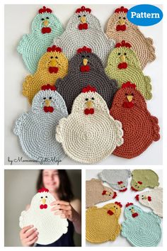 crocheted chicken placemats are shown in different colors and sizes, including one with