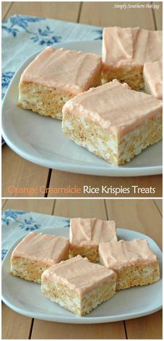 two pictures of orange rice krispies treats on a white plate with blue napkins