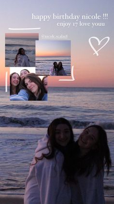 two women standing next to each other at the beach with their arms around each other