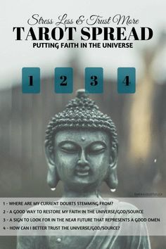 a buddha statue with the words tarot spread in it's center and numbers below