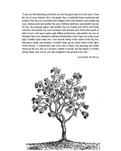 an illustration of a tree with leaves and flowers on it, in the middle of a page