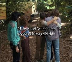 there is a group of people hugging each other in the woods with text overlay