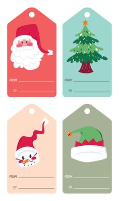 four tags with santa claus and christmas tree on them