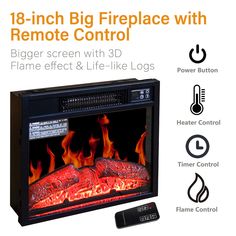 an electric fireplace with remote control and flame effect in the center, surrounded by instructions on how to use it