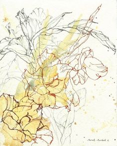 a painting with yellow and red flowers in it on a piece of paper that has been altered to look like watercolor