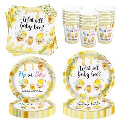 a set of baby shower items including plates, cups and napkins with winnie the pooh characters on them