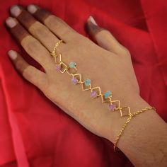 Raw Pink Tourmaline & Apatite Gemstone Finger Bracelet Wedding Fashion Jewelry