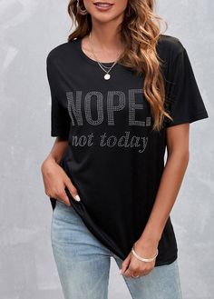 Hot Drilling Black Letter Design T Shirt Trendy Tops For Women, Diy Fashion Clothing, Letter Design, Blue Jumpsuits, Lovely Tops, Short Sleeve Pattern, Solid & Striped, Black Letter, Design T Shirt