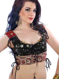 Embroidered Tribal Lace-Up Choli Top - BLACK Renn Faire Costume, Hair With Headband, Aladdin Theme, Black Turban, Trojan Women, Work Out Videos, Dancing Pole, Renn Faire, Skirt Dance