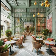 the inside of a restaurant with tables, chairs and potted plants hanging from the ceiling