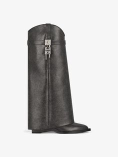 Shark Lock Cowboy boots in aged leather - black | Givenchy US Givenchy Shark, Almond Toe Boots, Givenchy Boots, Slip On Boots, Roger Vivier, Dream Shoes, Grey And Beige, Red And Grey, High Heel Boots