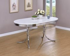 Retro Glossy White/Chrome Oval Dining Table from Coaster - Luna Furniture Retro Dining Table, Chrome Dining Table, Diner Table, Black Cushion, Oval Dining Table, Simpler Times, Retro Table, White Dining Table, Red Or Black