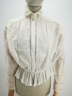 Antique French Blouse in Batiste, Edwardian Era Shirt With White Embroideries and Lace, Early 1900s-woman White Blouse With High Collar - Etsy White Victorian Style Top With Lace Work, White Lace Trim Shirt For Daywear, White Shirt With Lace Trim For Daywear, Victorian Lace Collar Blouse For Spring, Victorian Blouse With Lace Collar For Spring, Victorian White Long Sleeve Blouse, White Victorian Long Sleeve Blouse, White Long Sleeve Victorian Top, White Shirt With Lace Collar For Daywear