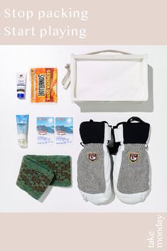 the contents of a travel bag laid out on top of a white background with text that reads, stop packing start playing