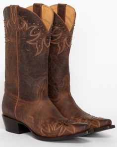 Shyanne Studded Wing Tip Cowgirl Boots - Snip Toe, Brown Country Style Distressed Brown Snip Toe Boots, Distressed Brown Snip Toe Boots For Western-themed Events, Distressed Brown Snip Toe Boots For Rodeo, Western Boots With Leather Lining In Distressed Brown, Brown Snip Toe Work Boots, Distressed Brown Western Boots With Leather Lining, Rugged Distressed Brown Snip Toe Boots, Distressed Brown Snip Toe Boots With Leather Lining, Distressed Brown Leather Boots With Snip Toe