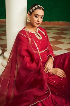 Red anarkali featuring scattered mirror work all over with thread, pearl, pita embroidery on the yoke and sleeve hem. Paired with a pant and a gota lace, tassel detailed dupatta. - Aza Fashions Red Mirror Work Dupatta For Eid, Red Dupatta With Mirror Work For Eid, Red Anarkali Set With Mirror Work For Eid, Eid Red Anarkali Set With Mirror Work, Red Anarkali Set With Mirror Work And Traditional Drape, Red Anarkali Salwar Kameez With Mirror Work, Red Anarkali Set With Mirror Work, Red Anarkali Set With Mirror Work For Diwali, Red Bollywood Salwar Kameez With Mirror Work