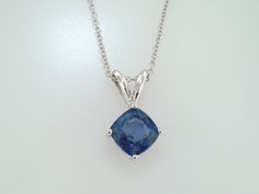 "HERE IS BEAUTIFUL CUSHION CUT CEYLON BLUE SAPPHIRE SOLITAIRE PENDANT NECKLACE 14 KARAT WHITE GOLD AVAILABLE YELLOW OR ROSE GOLD TOO ASK ME PLEASE COMES WITH 16\" OR 18\" INCH CHAIN CENTER CUSHION CUT CEYLON BLUE SAPPHIRE VERY SWEET LIGHT BLUE COLOR & CLEAN SAPPHIRE !! CENTER SHAPE- CUSHION CUT CUT- VERY GOOD CLARITY- AA COLOR- BLUE CARAT- 1.16ct MEASUREMENT- 5.95 X 5.90 mm TOTAL 1.16 CARAT RETAIL PRICE IS OVER $2,800.00 COMES WITH $2,250.00 CERTIFIED APPRAISAL !! DREAM IT I\"LL MAKE IT SPEC Luxury Blue Diamond-cut Necklace, Formal Cushion Cut Gemstone Necklace, Sapphire Diamond Cut Pendant Necklaces, Elegant Blue Hallmarked Necklace, Formal Blue Diamond Cut Necklace, Formal Blue Diamond Cut Necklaces, Formal Blue Hallmarked Necklace, Formal Blue Hallmarked Necklaces, Formal Hallmarked Blue Necklaces