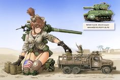 an anime character sitting on the ground next to a tank