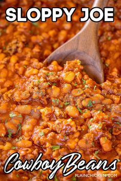 a close up of a wooden spoon in a bowl of sloppy joe casserole beans