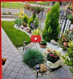 a garden with lots of plants and rocks in it, including flowers on the ground