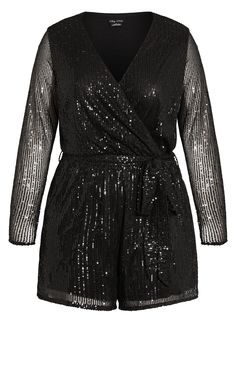 Be best dressed this party season in the Sequin Playsuit. Featuring a faux wrap bodice and long sleeves, this gorgeous playsuit is set to stun on your next night out. Key Features: - V neckline - Faux wrap detail - Fabric waist tie - Long sheer sleeves - Pull-on style - Elasticated back waistline - Fully lined - All over sequin fabrication - Short hemline Finish off your look with statement earrings for an extra touch of glam. | Plus Size Sequin Faux Wrap Playsuit in Black, Size 12 | City Chic Sequin Playsuit, Glitter Romper, Wrap Playsuit, Tube Romper, Romper Designs, Long Sleeve Sequin Dress, Sequin Rompers, Black Playsuit, Woven Dress