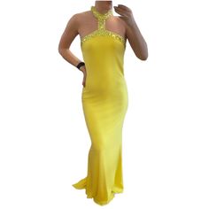 Jersey Material Embellishments On The Back And Neckline B45 Yellow Gown With Sweep Train For Party, Glamorous Halter Neck Formal Gown, Elegant Yellow Maxi Dress For Prom Season, Yellow Party Dress With Sweep Train, Elegant Yellow Evening Dress For Party, Elegant Yellow Prom Gown, Glamorous Yellow Evening Dress For Wedding, Elegant Embellished Yellow Dress, Elegant Yellow Maxi Dress For Formal Occasions