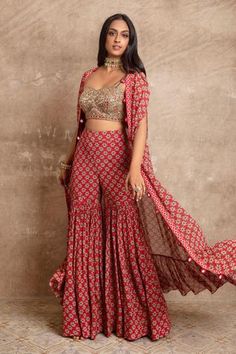 Shop for Arpita Mehta Red Georgette Floral Print Cape And Sharara Set for Women Online at Aza Fashions Cape And Sharara Set, Sharara Suit For Wedding Function, Georgette Sharara Suit Designs Latest, Sharara Jumpsuit Indian, Sharara And Cape, Georgette Sharara Set, Sharara Set Designs Latest, Blouse Sharara Set, Crop Top Sharara Set With Shrug