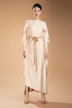 Made from a luxurious silk blend, this ankle-length dress offers a sophisticated and elegant look. Its boat neck design adds a touch of class, making it perfect for any occasion. Experience this timeless and versatile piece in your wardrobe. Length: From 125cm to 130cm Luxury Silk Maxi Dress For Formal Occasions, Luxury Silk Maxi Evening Dress, Elegant Long Midi Dress For Cocktail, Elegant Long Midi Cocktail Dress, Luxury Silk Maxi Dress For Evening, Elegant Floor-length Silk Dress, Elegant Beige Maxi Dress For Banquet, Luxury Evening Silk Maxi Dress, Chic Silk Midi Dress For Banquet