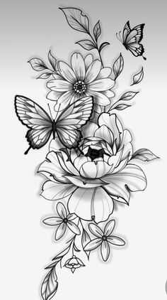 a drawing of flowers and butterflies on a white background