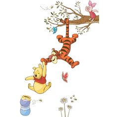 winnie the pooh and tigger hanging from a tree branch with butterflies flying around