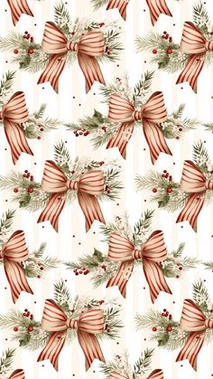 a christmas pattern with bows and pine branches on a striped background for wallpaper or fabric