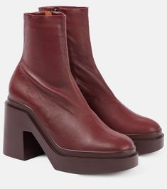 Nina leather platform ankle boots in burgundy - Clergerie | Mytheresa Maroon Platform Boots, Burgundy Leather Platform Boots, Red Leather Sole Ankle Heeled Boots, Luxury Burgundy Leather Boots, Burgundy Ankle Boots, Burgundy Boots Ankle, Maroon Leather, Red Boots, High Heel Boots Ankle