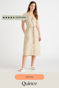 This midi linen dress should be in every wardrobe. Made from 100% organic linen and designed to be versatile, with elegant buttons down the front, and two pockets at the waist, and adjustable removable belt for the perfect fit.  | Quince | Women's Short Sleeve Dress in Driftwood, Size XL, Linen Midi Linen Dress, Button Front Dress, European Linens, Organic Linens, Short Sleeve Dress, Linen Dress, Quince, Sleeve Dress, Short Sleeve Dresses