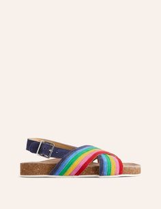 Rainbow Cross Over Sandals - Multi Rainbow | Boden US Comfy Sandals, Pot Of Gold, Shoe Boot Sandals, Perfect Shoes, Mini Fashion, Boot Sandals, Metal Buckles, Big Kids, Girls Shoes