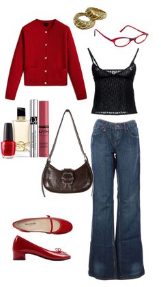 a woman's outfit with red shoes and accessories