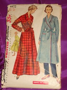 a woman's coat and dress pattern from the 1950's, on a purple background