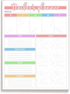 the teacher's planner printable is shown in pink, green and blue colors