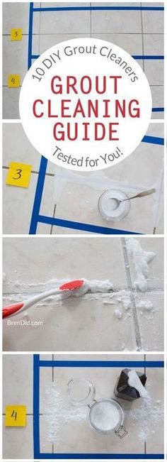 the instructions for grout cleaning are shown in three different pictures, including scissors and tape